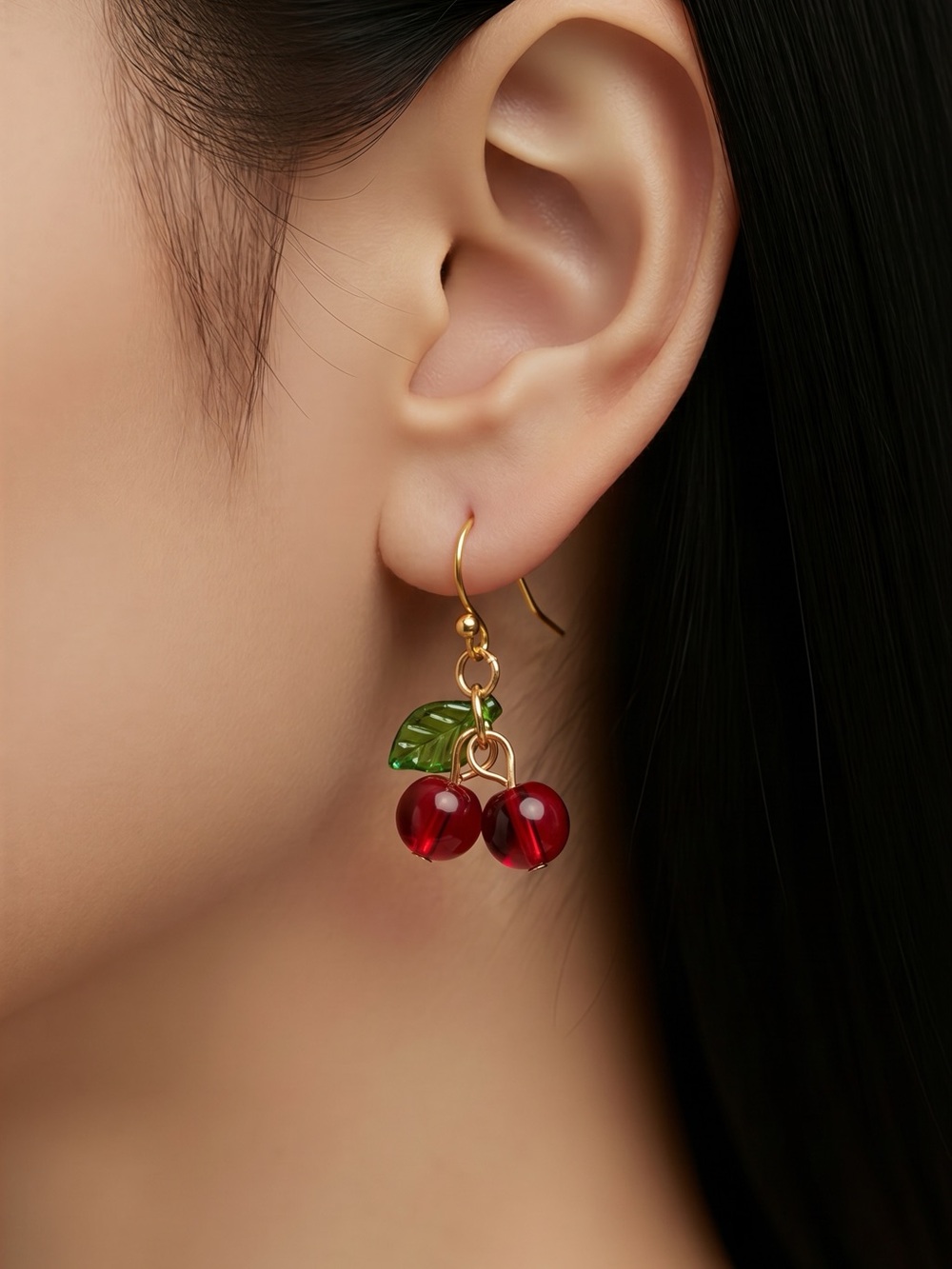 Gold Cherry Drop Earrings with Red Beads and Green Leaf